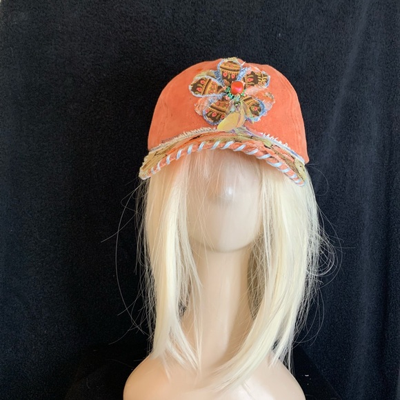 Embellished Orange Cap with Floral Accent - Picture 2 of 8